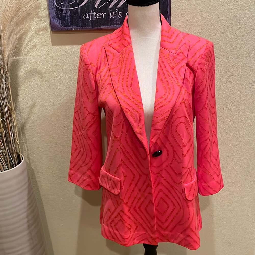 Misook Sweater Jacket Blazer Pink Coral Geometric Abstract Print Design Size S